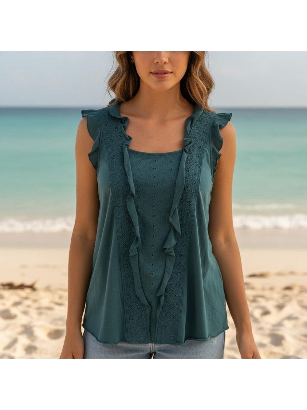 Hinge Women's Ruffle Eyelet Sleeveless Embroidered Top Green Size L Cotton